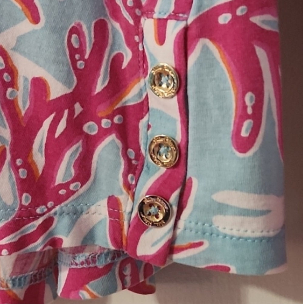 Long Sleeve V-Neck Women’s Top in Light Blue with Pink Coral Print - Picture 4 of 4